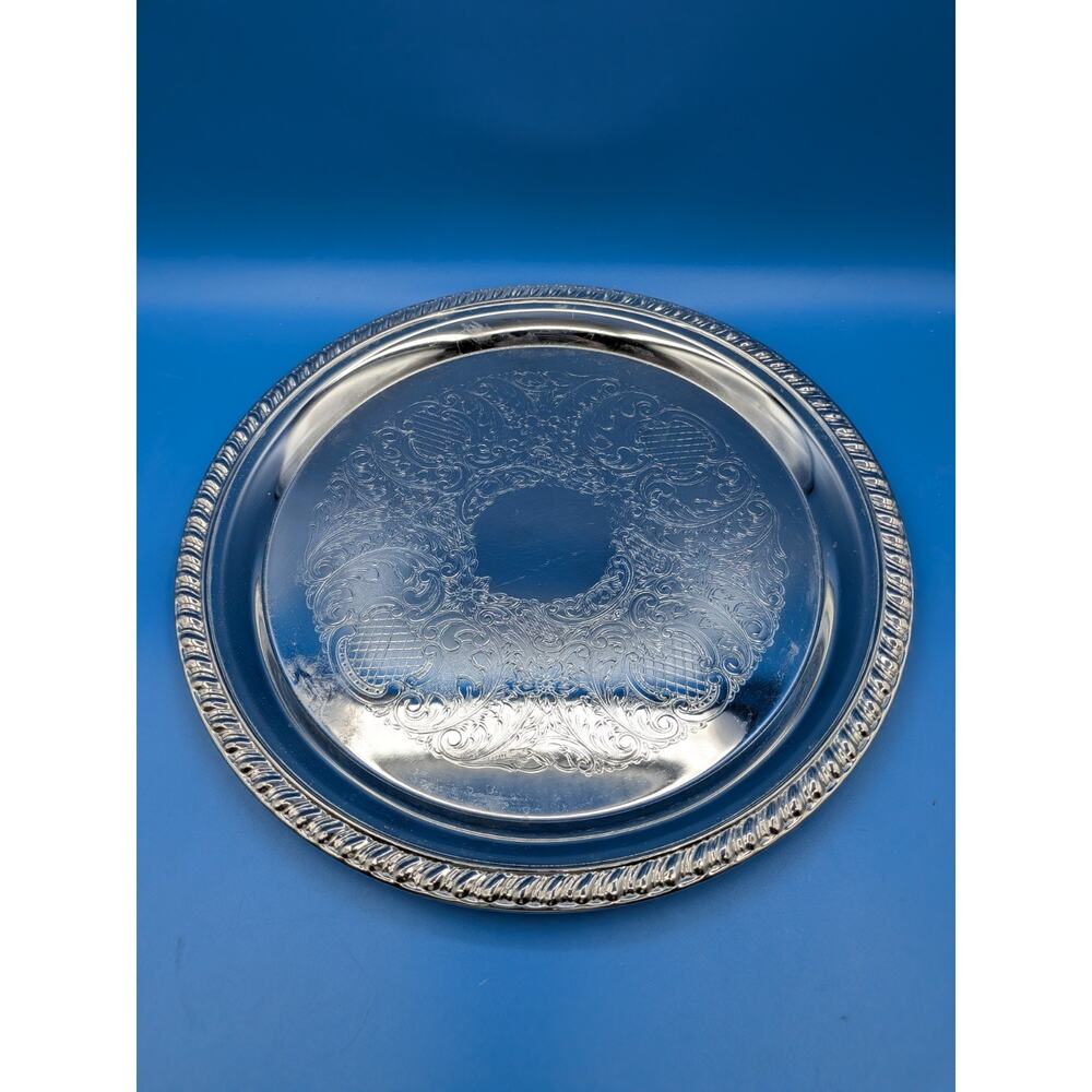 Wm Rogers Serving Tray Silverplate 12 1/4” Round Etched Scroll Floral #171